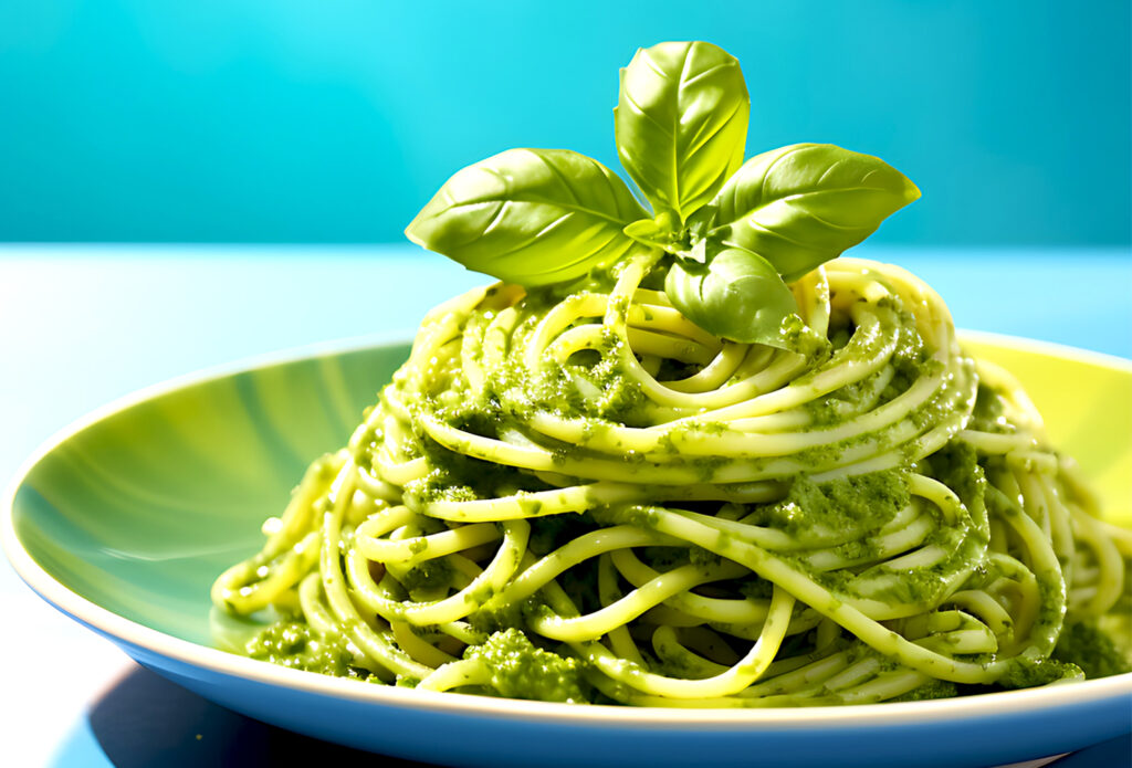 Espaguetis con Salsa Pesto Bio y albahaca fresca Olivera d'Atenea Receta de espaguetis con Salsa Pesto Bio d'Atenea
